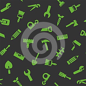 Hand tools, construction, seamless pattern, color, gray, green.