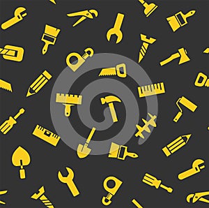 Hand tools, construction, seamless pattern, color, gray, yellow.