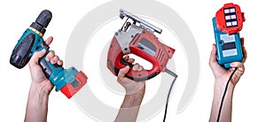 Hand tools. Hands holding construction tools isolated on white background