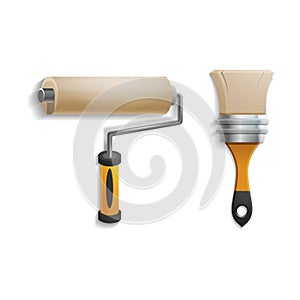 Hand tools for repair and construction. Realistic roller and paint brush isolated on white background.