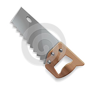 Hand tools for repair and construction. Realistic wooden saw isolated on white background.