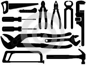 Hand tools silhouettes over white