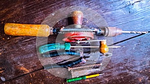 Hand Tools On The Table. Different Angle Shot.