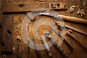 Hand tools Wood on an old wooden workbench