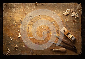 Hand tools Wood on an old wooden workbench