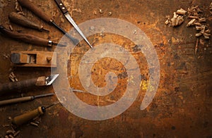 Hand tools Wood on an old wooden workbench