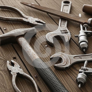 Of hand tools on a wooden surface including rusted pliers a hammer with a
