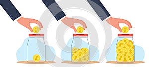 Hand tosses gold coins into piggy bank with varying amounts of money. Make financial saving in glass jar, income and photo
