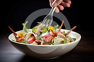 hand tossing octopus salad with tongs, close-up