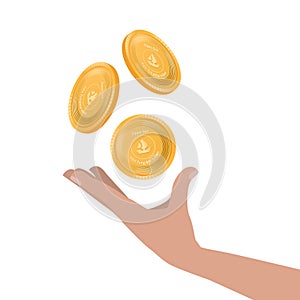 Hand tossing Opensea gold coins, NFT development. A platform for the sale of NFT. Marketplace for non-fungible tokens. Icon photo