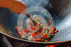 hand tossing vegetables in a professional wok