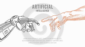 Hand touch. Android and human. Artificial intelligence Banner. Bionic arm poster. Future technology. Vintage Engraved