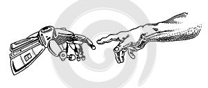 Hand touch. Android and human. Artificial intelligence Banner. Bionic arm poster. Future technology. Vintage Engraved
