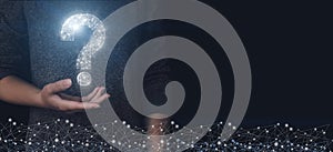 Hand touch button interface question sign web