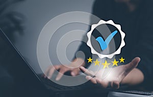 Hand touch Customer review satisfaction feedback survey for five star concept, User give rating to service experience on online ap