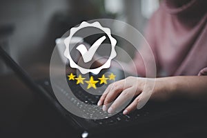 Hand touch Customer review satisfaction feedback survey for five star concept, User give rating to service experience on online ap