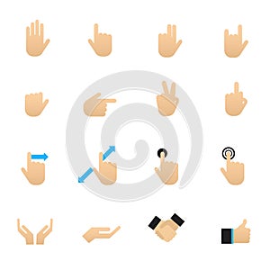 Hand and Touch Gestures. Set of Signs and Symbols Vector Illustration Color Icons Flat Style.