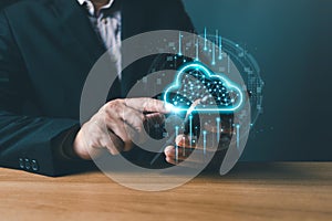 Hand touch icon cloud computing technology.secure backup online digital networking and internet connection service concept.data