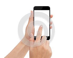 Hand touch phone isolated with clipping path on white