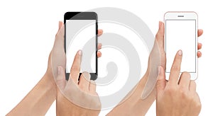 Hand touch phone isolated with clipping path on white background