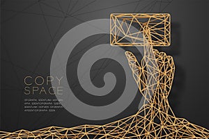 Hand touch screen smartphone shape wireframe Polygon golden frame structure, connect technology concept design illustration