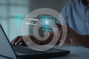 Hand touch on server for Send of document on internet. Data transfer, Transfer file of data