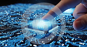 Close up of a human finger interacting with a glowing blue illuminated computer processor chip circuit board