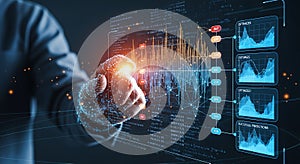 Hand Interacting with Futuristic Digital Data Analytics Interface image photo