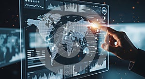 Futuristic digital interface displays global data and analytics with a human finger interacting with the screen