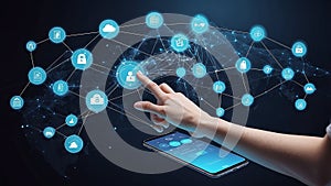 A hand touches the mobile security network, connecting device management, data encryption, authentication mechanisms, network