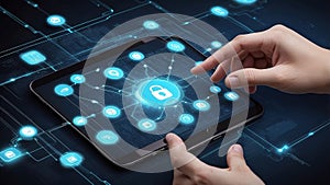 A hand touches the mobile security network, connecting device management, data encryption, authentication mechanisms, network