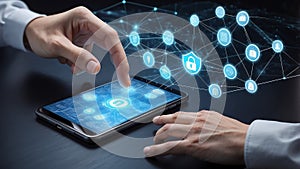 A hand touches the mobile security network, connecting device management, data encryption, authentication mechanisms, network