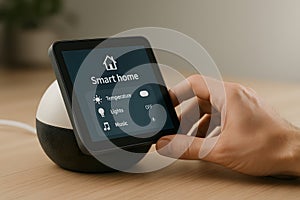 Hand touches a smart home control panel device