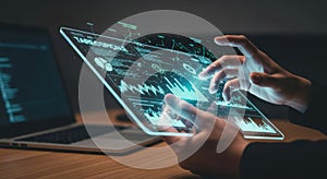 Futuristic technology interface hand interacting with data on a transparent screen