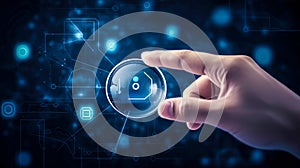 Hand touching abstract network circle technology structure, generative AI.