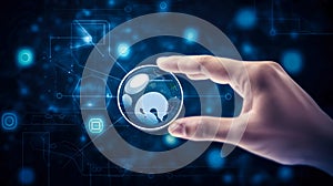 Hand touching abstract network circle technology structure, generative AI.