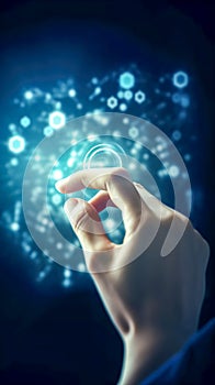 Hand touching abstract network circle technology structure, generative AI.