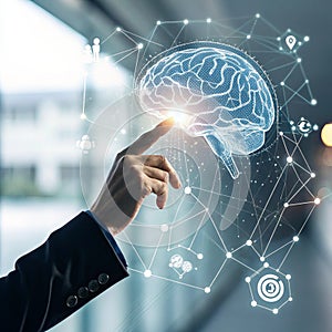 Hand touching AI brain for business and innovation growth