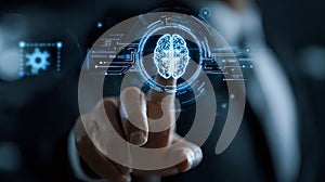 Hand touching artificial intelligence brain virtual interface