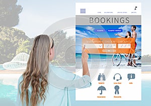 Hand Touching Bookings Holiday break App Interface with swimming pool