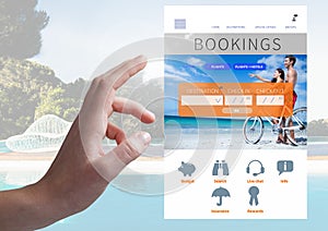 Hand Touching Bookings Holiday break App Interface with swimming pool