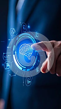 Hand touching brain icon on digital interface, artificial intelligence concept