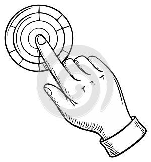 Hand Touching Circular Interface Button in Line Art Style for Technology Control and Interaction