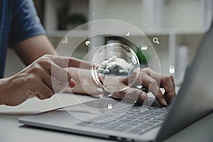 Hand touching cloud computing