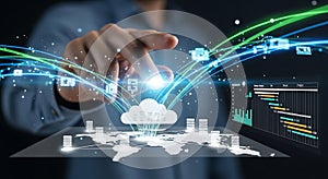 Hand touching cloud computing network with global data transfer and analytics