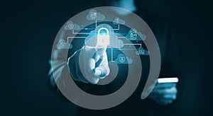 Hand touching cloud security interface lock icon represents cloud computing protection, data encryption secure network,