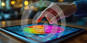 Hand touching colorful digital pie chart on tablet screen in a modern data analysis interface