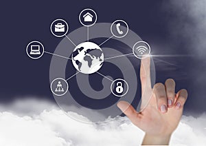 Hand touching connecting icons against digitally generated background