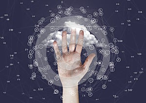 Hand touching connecting model against cloud