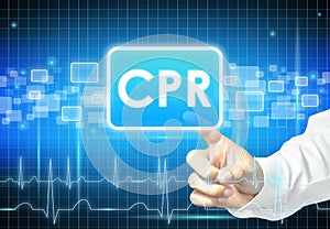 Hand touching CPR sign on virtual screen